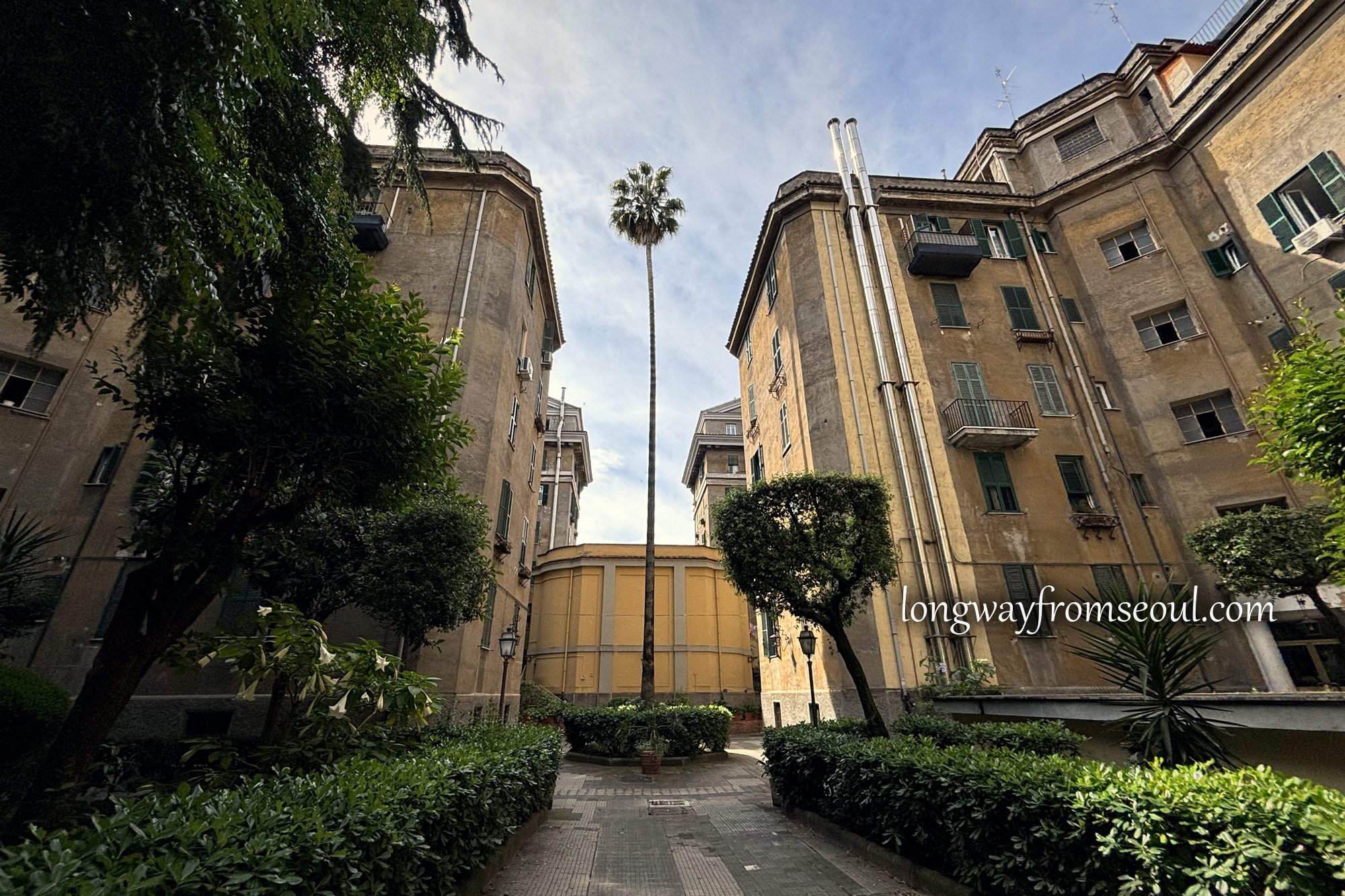 The courtyard of an apartment building in Prati, Rome, with palm trees and clipped hedges