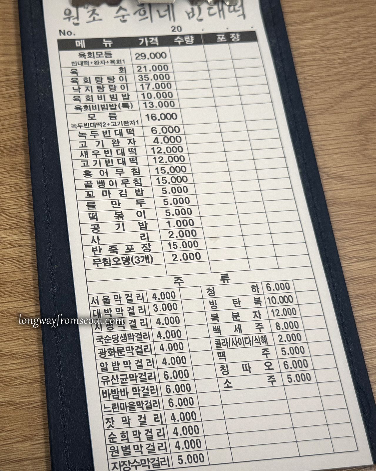 A printed paper order sheet at a Gwangjang Market stall listing Korean dishes and prices in won