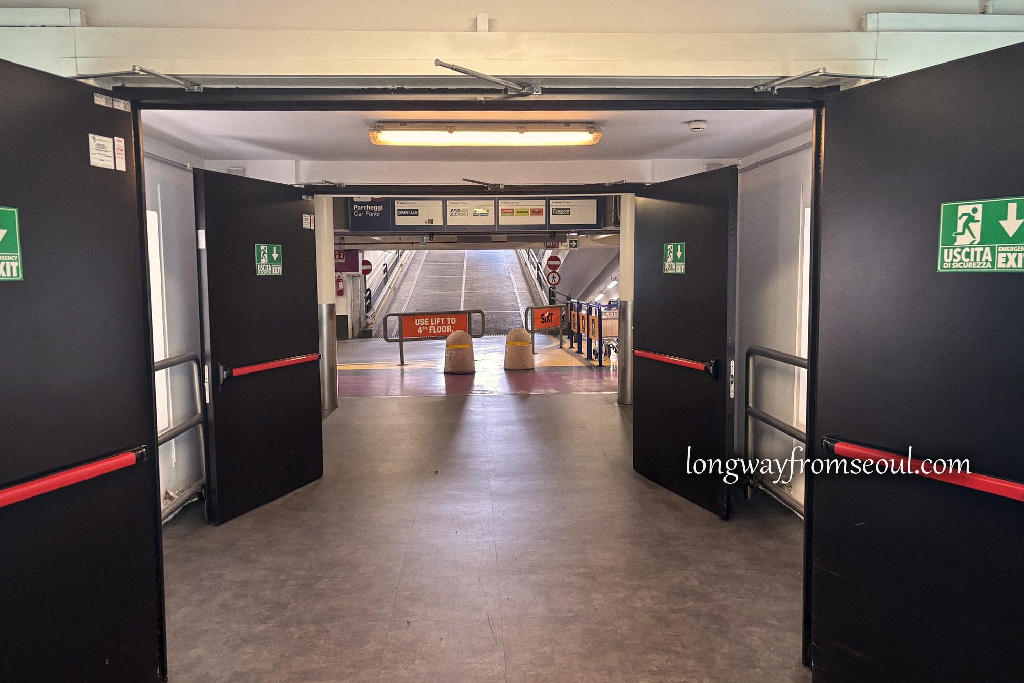A walkway inside the multi-storey car park at Rome Fiumicino airport