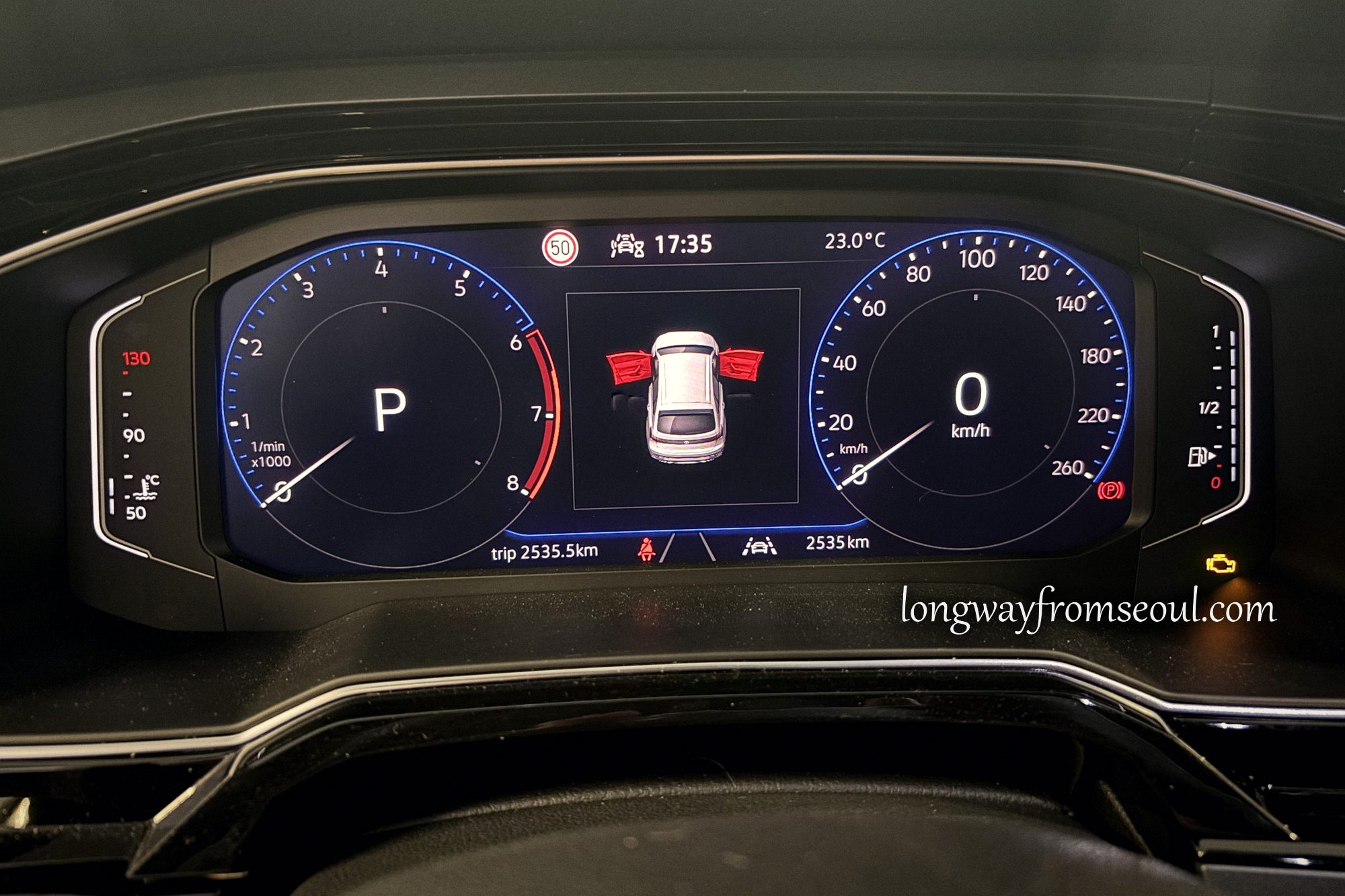 Car dashboard showing 17:35 and the starting odometer reading