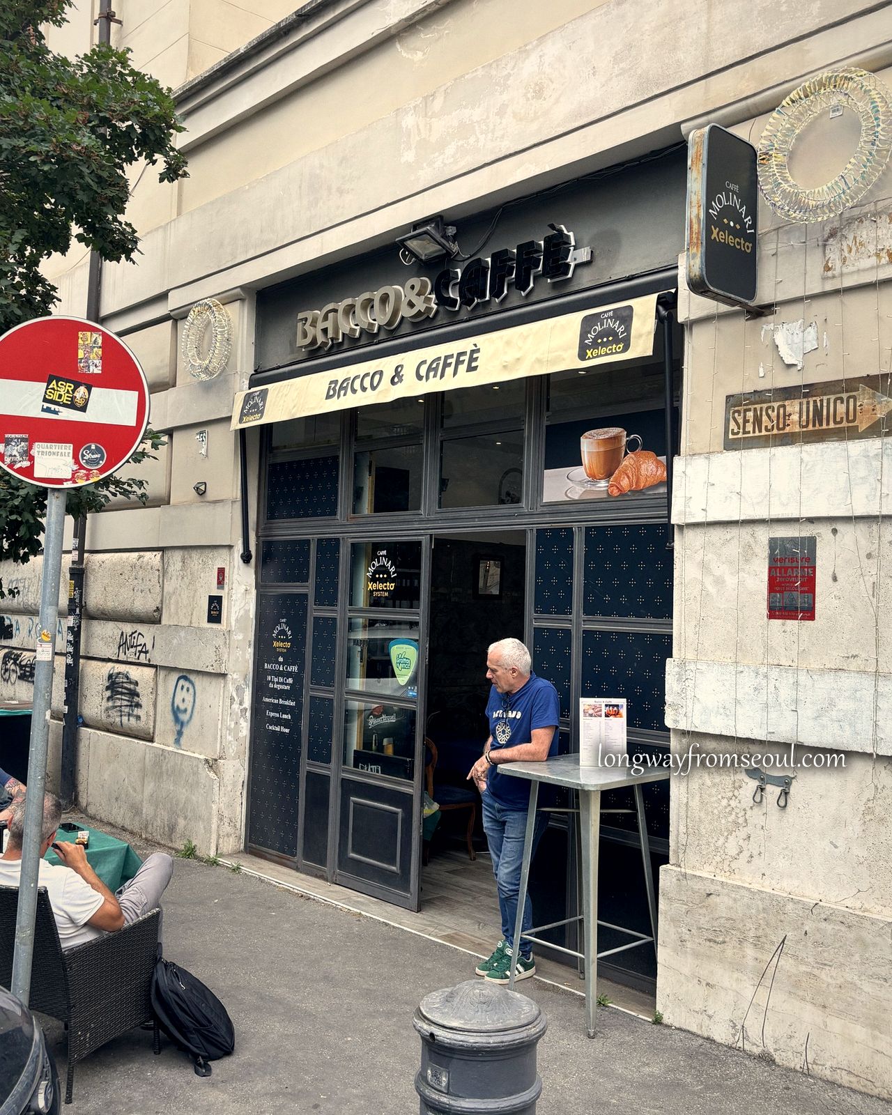 The front of Bacco e Caffè bar on a street in the Trionfale district of Rome