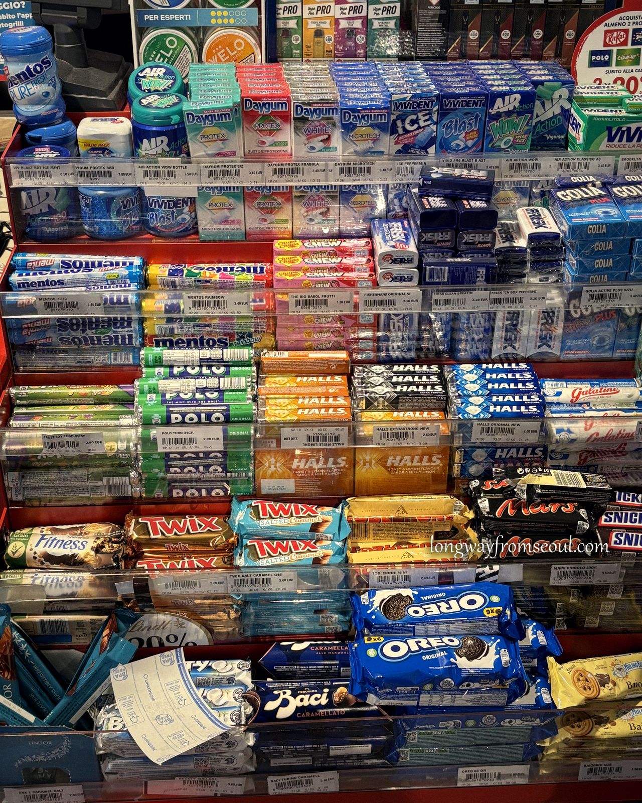 Shelves of chocolate and sweets inside an Italian Autogrill service station